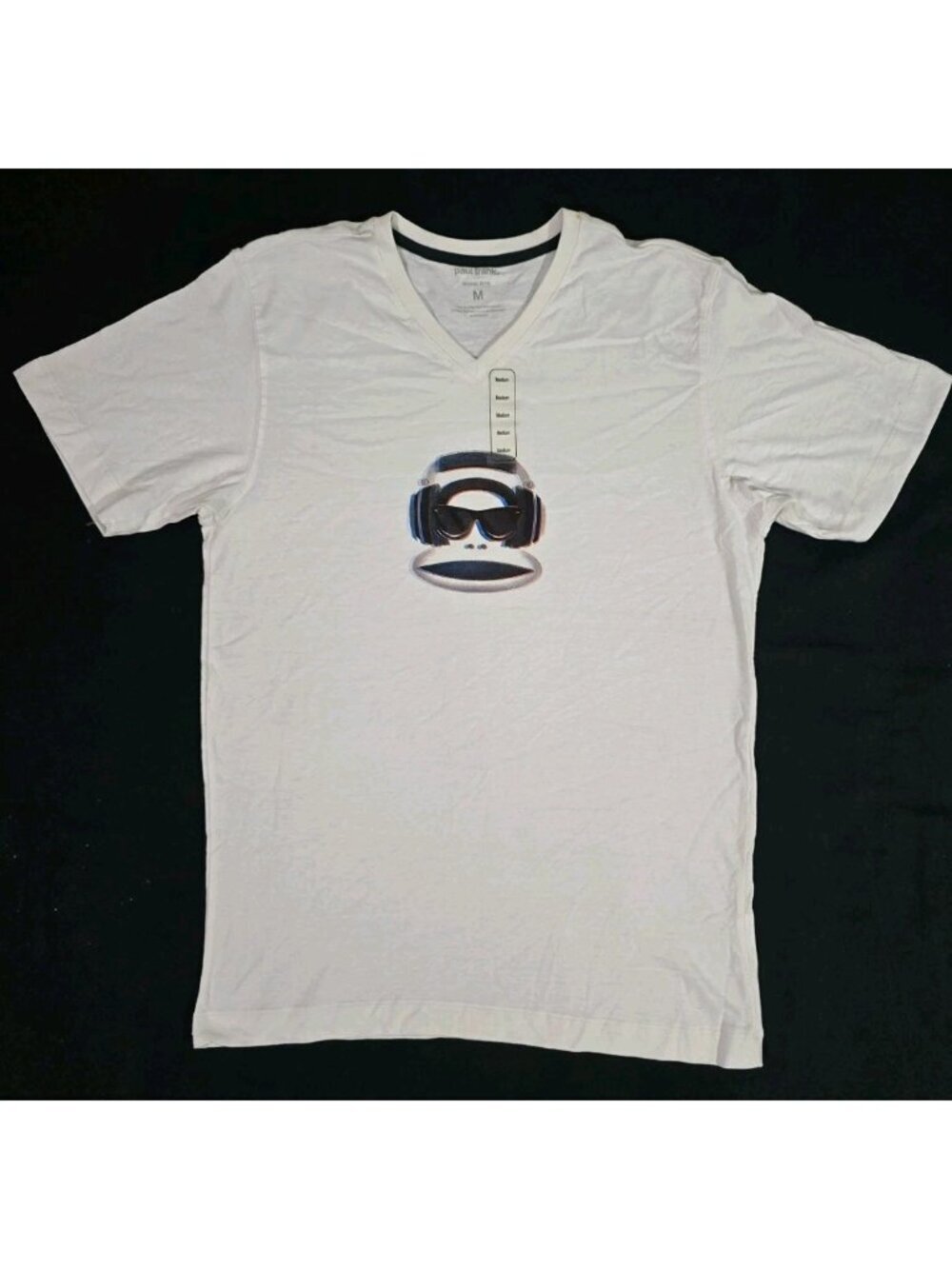 Paul Frank 3D Monkey Headphones Sunglasses White V-Neck T-Shirt Young Mens M NWT